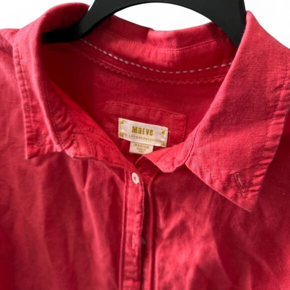 Anthropologie Maeve Red linen cotton button-down shirt. READ - Picture 3 of 7